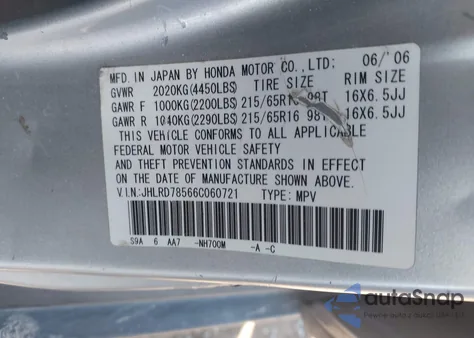 2006 Honda Cr-V Lx from USA, damaged, VIN JHLRD78566C060721